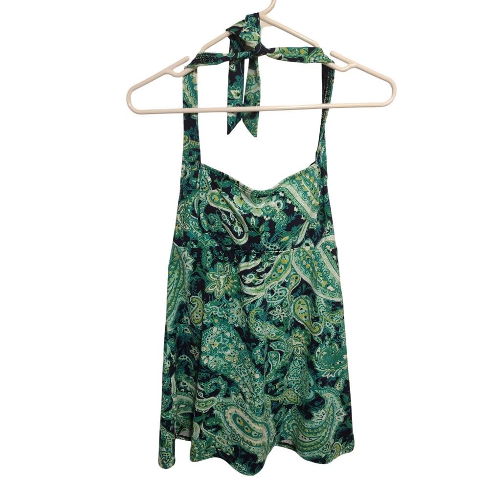 Lands End Swim Green Paisley Halter Tankini Dress 8  Built in Underwire Bra Boho